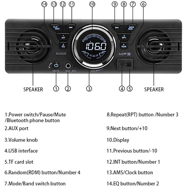 Universell bilstereo 1 Din In Dash inbyggd ljudspelare 2 stereohögtalare FM Bluetooth-stöd med USB/TF-kortport