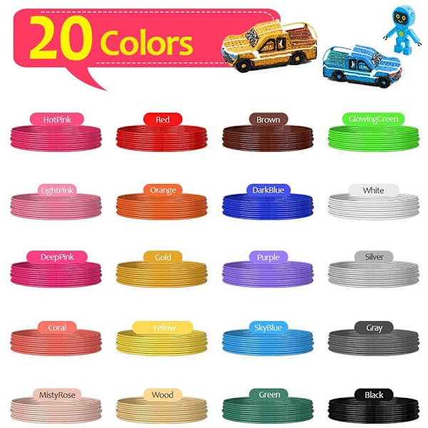 3D Pen PLA Filament Refills 20 Farver, 16 Fod pr. Farve i Alt 320 Fod 1,75 Mm Premium Filament til 3D-Print Pen Kommer
