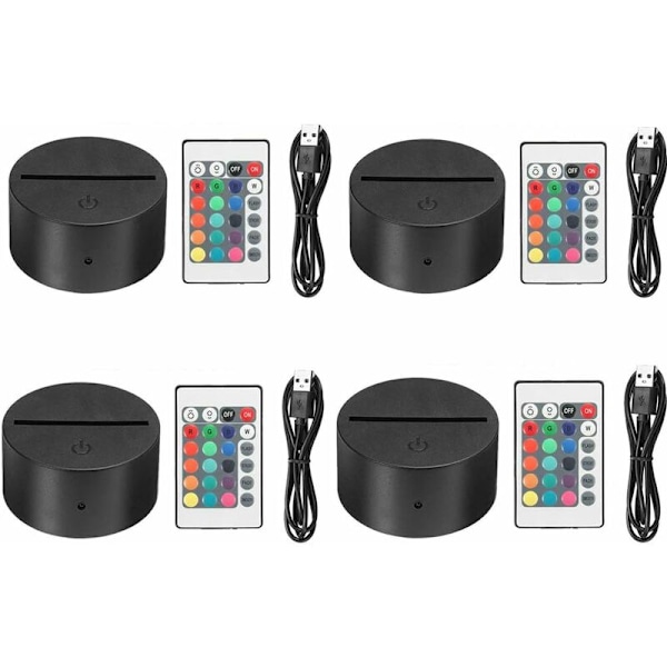 4x 3D Nattlampa LED-bas + Fjärrkontroll + USB-kabel Justerbar 7 Färger Dekorativa Ljus (4 st)