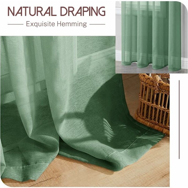 2-delt Grøn Voile Gardin 140x160 cm med Halvgennemsigtig Øje i Linneffekt Indvendig Vindue Dekorationer til Moderne Stue Soveværelse Køkken