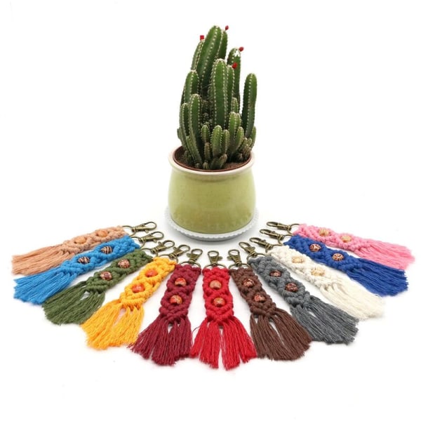 Mini Makrame Nøkkelring Boho Makrame Veske Charms for Bilnøkkel Pung Telefon Tilbehør, Beige