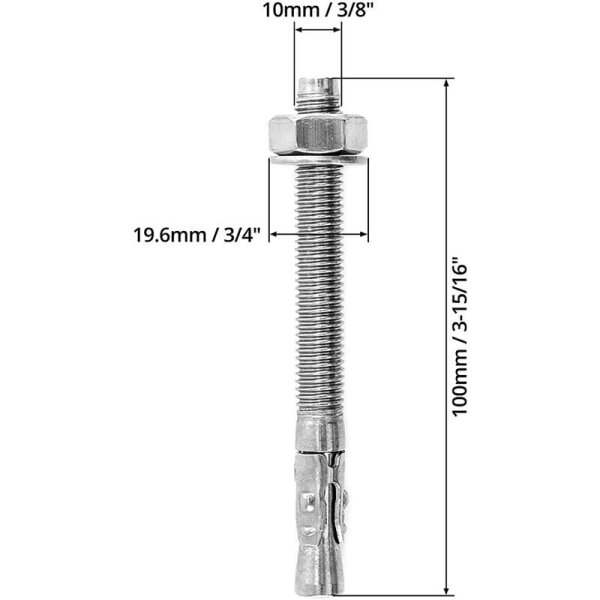 Kileanker, Rustfrit Stål, 3/8 tommer x 3-3/4 tommer, 5 stk.