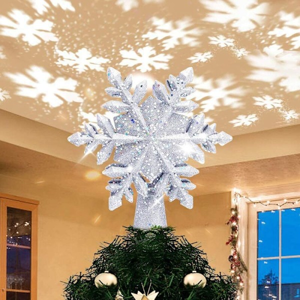 Stjerne Juletre med Hvit Snøflagg LED-Projektorlampe, 3D Roterende Stjerne Juletrelys for Juletre Toppdekorasjon, EU-Plugg