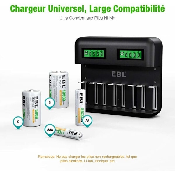 LCD Universal Batterioplader - Oplader til AA/LR6, AAA/LR3, C/R14, D/R20 Ni-MH Genopladelige Batterier, Batteri Detektor Teknologi