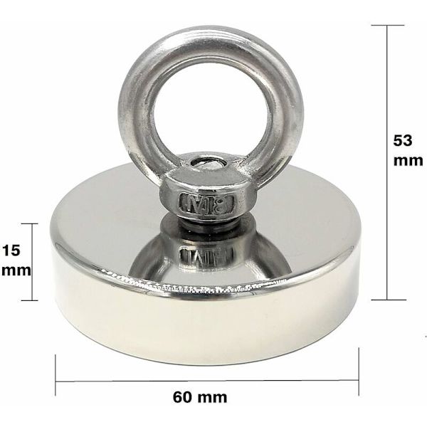 Neodym magnet 140 kg styrke diameter 60 mm, magneter med kraftige løfteringe til industri og videnskab, magnetisk fiskeri
