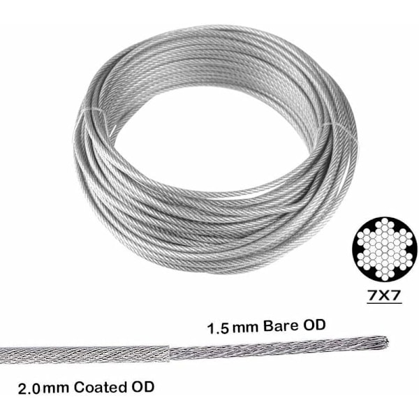 30m/2mm rustfrit stålwire rebssæt med M5 kraftig wirestrammer, hegnstrådsrullesæt, kabelrækværksæt, havewirestrammere til klatre