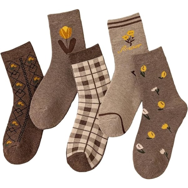 5 par uformelle runde sokker med rutete med blomster, fasjonable, lette, myke og komfortable sokker