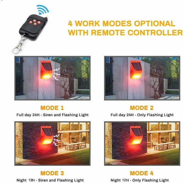 Solcellsstrobe med rörelsesensor IP65 Vattentät LED Solcellslarmdetektor med fjärrkontroll, Vattentät 129dB Ljudsäkerhetssiren för hem,