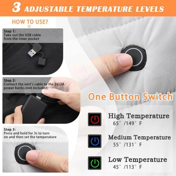 Opvarmet vest til kvinder, elektrisk opvarmet vest med 4 varmezoner og 3 varmeniveauer, genopladelig USB-opvarmet jakke letvægts termovest
