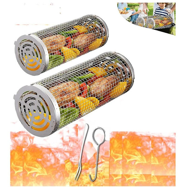 Rullende grillkurve til udendørs grill, stort rustfrit stål net rør, rund bur, metaltråd grillcylinder
