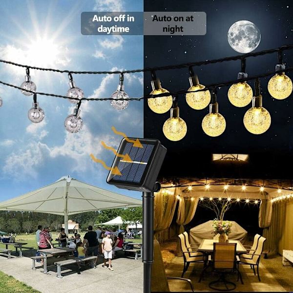 Solcelled Fejelygter Udendørs (Varmt Hvidt), 13,8M 60 LED Solcelle Boldstrenglys 8 Tilstande Vandafvisende Indendørs Udendørs til Have, Terrasse, Jul