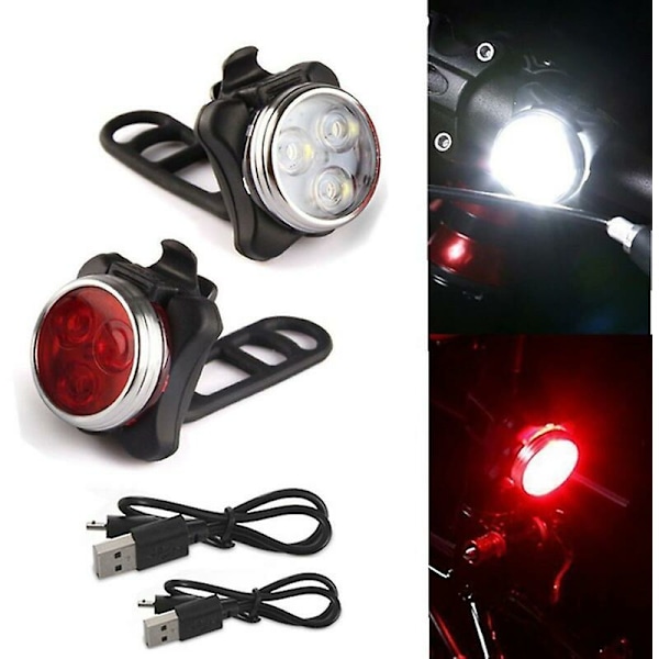 Vanntett sykkellampe med 3 LED-lys, USB-ladbare, 4 moduser, for nattkjøring foran og bak
