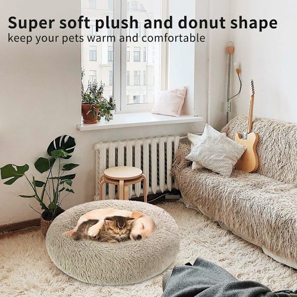 Katte- og Hunde seng 60cm Rund Kurv, Super Blød og Behagelig Vaskbar Varmt Kæledyrs Donut Pude til Små Hunde og Katte - Lysebrun