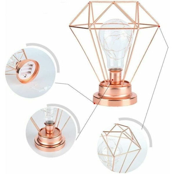 Sengelampe Dekorativ Natlampe, Diamantformet Retro Metal Bordlampe Batteridrevet Skrivebordslampe til Soveværelse, Stue, Bar, Hotel, Cafe (Rose