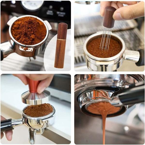 Espresso-kaffeblandare, espressodoseringsverktyg, bärbara espressodoseringsverktyg, 6 nålar i valnötsfärg