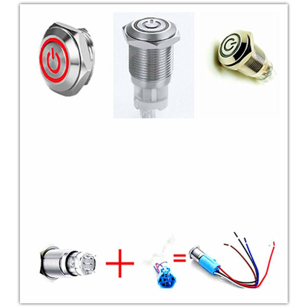 Biltuta Knappomkopplare 12V Ström Ljus Låsande Tryckknapp 16mm Röd Vattentät Metall LED Momentan Tryckknapp