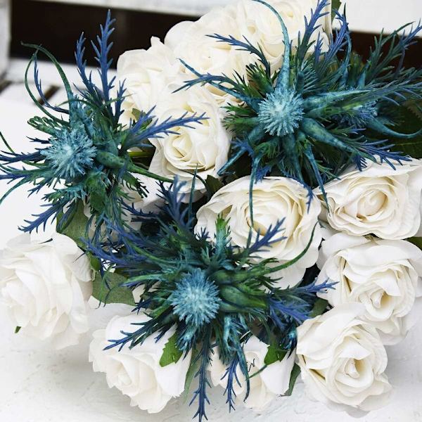 Naturtro Kunstige Tidselblomster Real Touch 2 Stilke Rustik Blå Tidsel Dekorationsspray Eryngium Havtorn til Bryllupsbuket Midtpunkt 26 Tommer