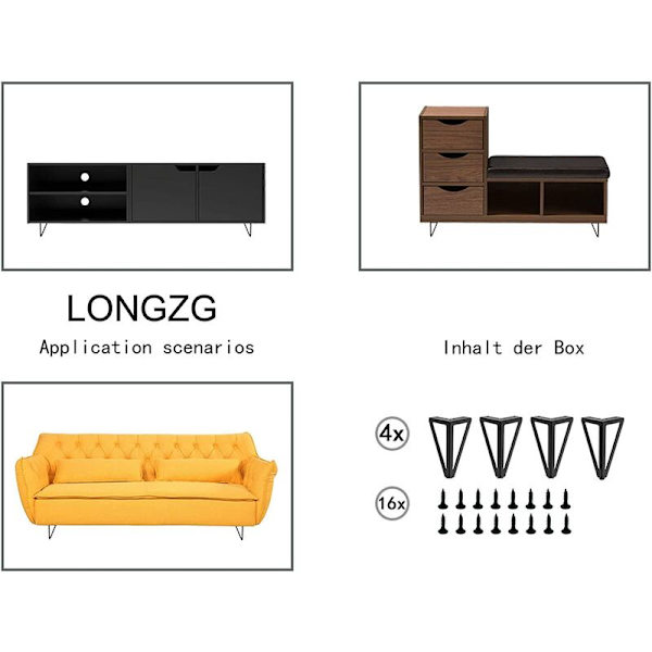 Set med 4 svarta metallbordben - Utbytbara möbelben - för soffbord/TV/soffa/säng och andra möbelben - med skruvar (15 cm)