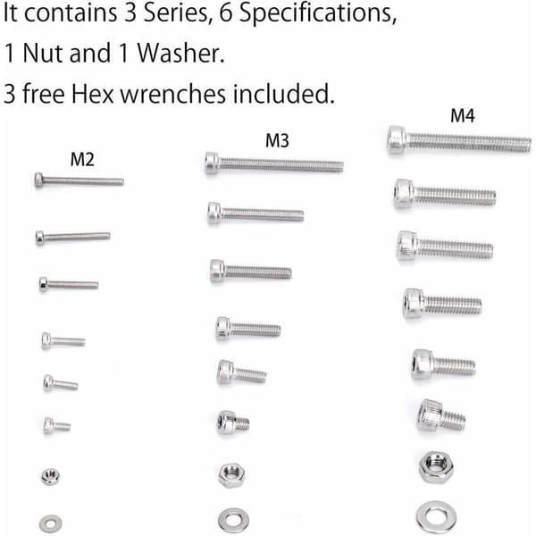 Kit 1080PCS M2 M3 M4 Rustfritt Stål Hex Button Socket Hode Kabel Bolter Skruer med Muttere Assortert