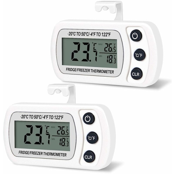 2 kpl jääkaapin pakastinlämpömittaria Frigidaire digitaalinen lämpötila -20 - 50 °C koukulla, helppo lukea LCD-näyttö, Max Min -tallennustoiminto (Whi