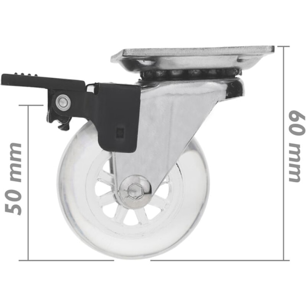 50mm Industrihjul med Svingbeslag i Polyuretan og Transparent PVC med Bremse 4-pak