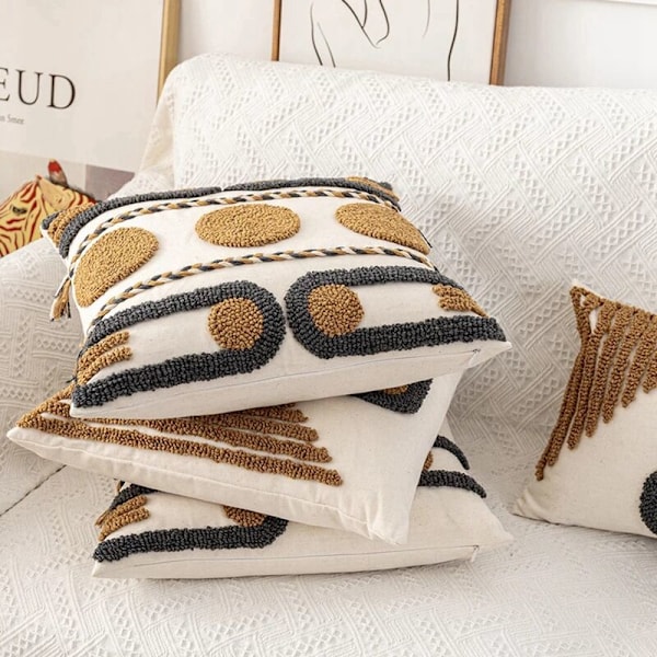 Bohemian Style Bomull Putetrekk Pudetrekk Kaffe Boucle Tuftet for Sofa Dekor Naturlig -B