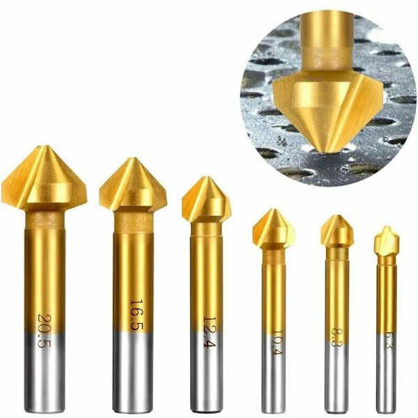90° försänkningssats, Hss 4241 försänkningsfräsar med titanbeläggning för trä och mjuka metallfasningsfräsar 6 delar Innehåller 6,3–20,5 mm borr