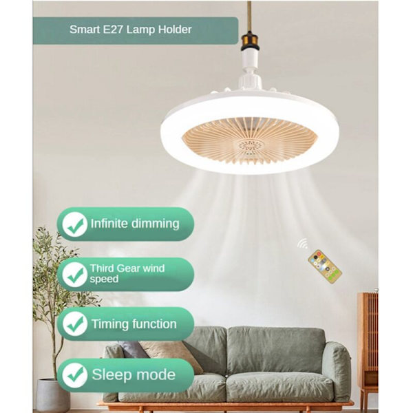 Takvifte med fjernkontroll og lys 30W LED lampe vifte Smart stille takvifte E27 konverteringsbase grå