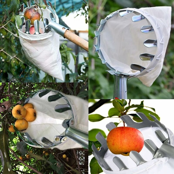 Fruktplukker, 1 Fruktinnsamler, Metall Fruktplukker, Fruktplukker med Pose, Kirsebærplukker, Diameter 16 CM, for Plukk av Høyvoksende Frukt (Sølv)