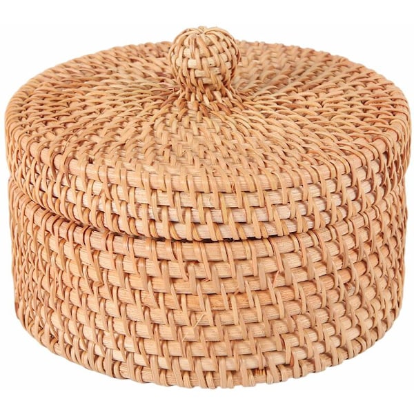 Käsinkudottu rottinkinen säilytyslaatikko kannella Wicker Tea Food Container Picnic Fruit Cake Basket Kitchen Organizer B