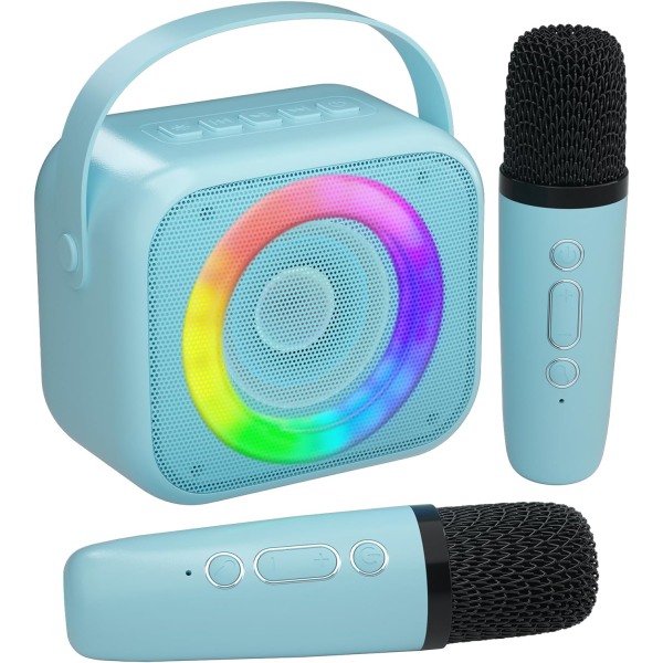 Karaokemaskin for barn, Mini bærbar Bluetooth Karaoke-høyttaler med 2 trådløse mikrofoner og fargerike lys for barn Voksne, Gaveleker til jenter Gutt