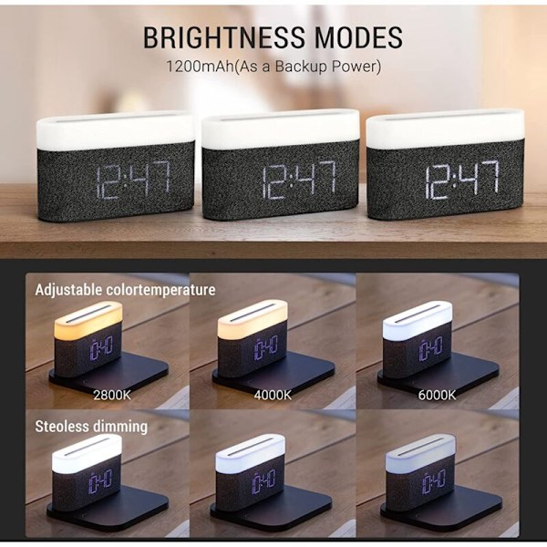Digital vækkeur med LED-lys 15W Max Ladningsfri Touch-natlampe Justerbar lysstyrke 5-100%