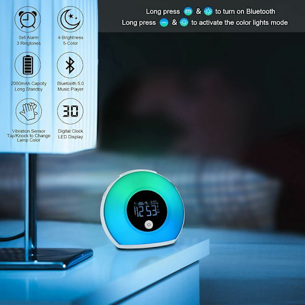 Barnens Luminous Väckarklocka med Digitalt Ljus, Bärbar Sänglampa, Bluetooth, 5 Sorter Blinkande Ljus, Smart LED, Induktion, Tyst Alarm
