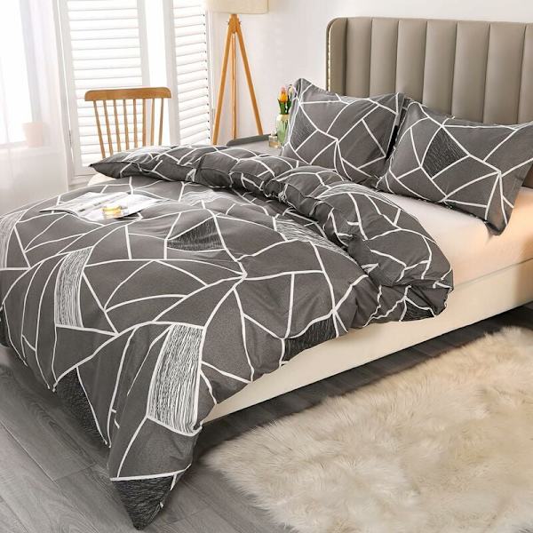 4-delt dynetrekksett 220x240cm med 2 putevar 74x48cm, Voksen mikrofiber polyester sengetøysett med glidelås, grått geometrisk mønster