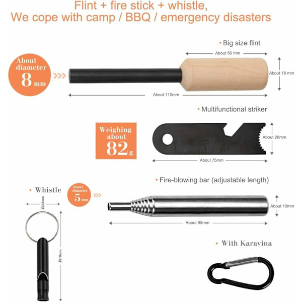 Överlevnadsverktygssatser, Multifunktionell Magnesium Nödfyrstartare Flinta Striker och Aluminiumvissla och Blåsare Slang för Vandring Camping Jakt