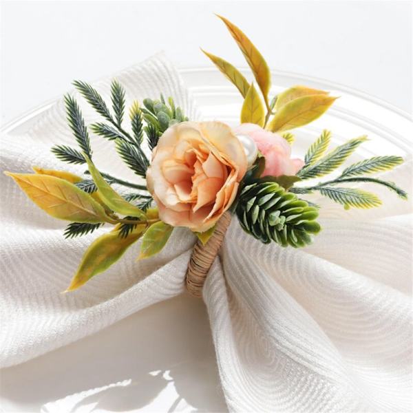 Serviettringer, 6-pak blomsterserviettholdere med perlebordringer for bryllup, fest, jul, høytid