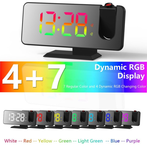 Projektionsväckarklocka för sovrum, LED-display digital takväckarklockradio med USB-laddare och dubbelalarm svart