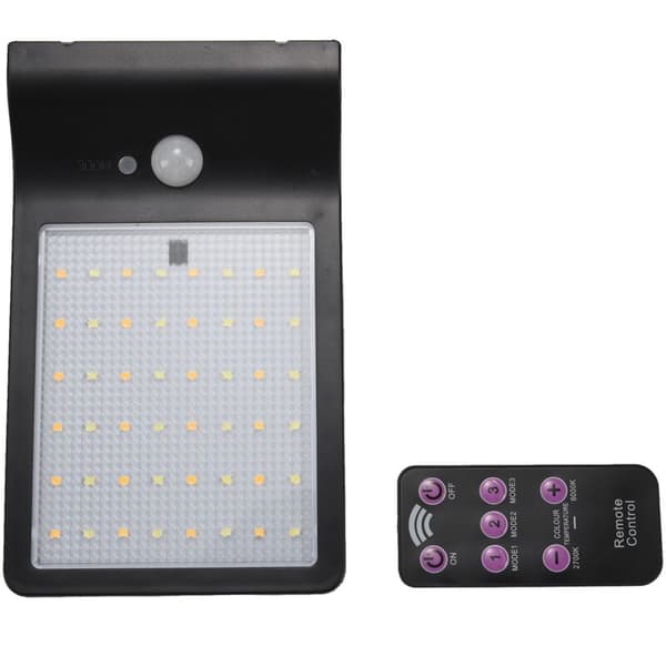 Opgraderet version, 48 LED solcellelys, farvejusterbar med controller, tre tilstande vandtætte lampelys, til udendørs, have, væg, gade, sort