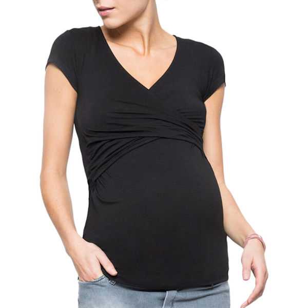 Maternity T-shirt til gravide kvinder Amning Toppe V-hals Kortærmet Kryds Solid Graviditet Amning Shirts Sort M