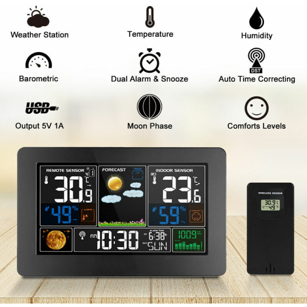 Termometer Väderstation Digital Vägg Bordsurväckarklocka Inomhus Utomhus Temperatur Luftfuktighet Barometer Trådlös Fjärrsensor Svart