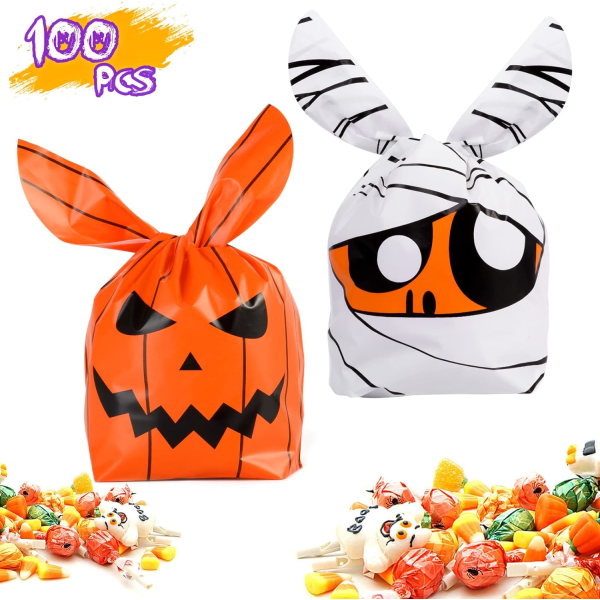100 stykker Halloween godteriposer, Kids Trick or Treat-poser Gaveposer, Søte kaninører Små Halloween-kaker Plastgaveposer