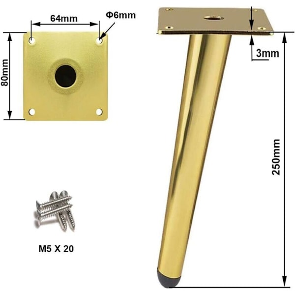 4 stycken snedställda bordsben i metall, koniska möbelben, 201 rostfritt stål, guld, 25 cm höjd, halkfri tyst bas för soffor, bord