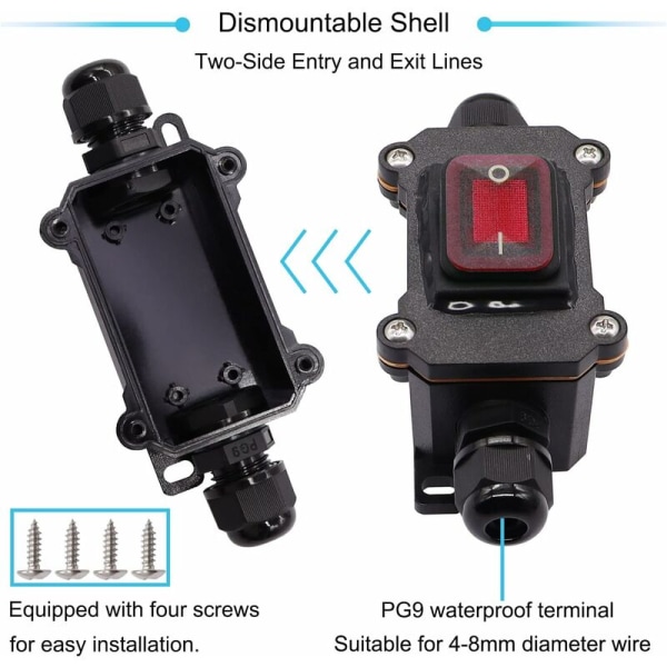 IP67 Vattentät Kabelbrytare På/Av Linjebrytare 4 Terminaler DPST 12V DC Utomhusbrytare med Röd LED Dubbel Linjeingång och Utgång H-K062-KCD4-201N-R-W-