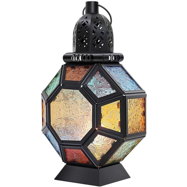 Iron Candle Lantern, Portable Moroccan Stained Glass Candle Holder Hanging Lamp Horse Light Wind Lantern, Home Decor