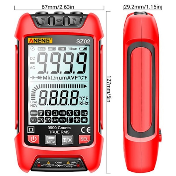 Smart Digital Multimeter True RMS Auto Elektrisk Kapasitansmåler AC DC Spenning Motstand Transistor Rød