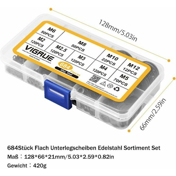684 st Flatbrickor i rostfritt stål, 9 storlekar M2 M2.5 M3 M4 M5 M6 M8 M10 M12 (Svart)