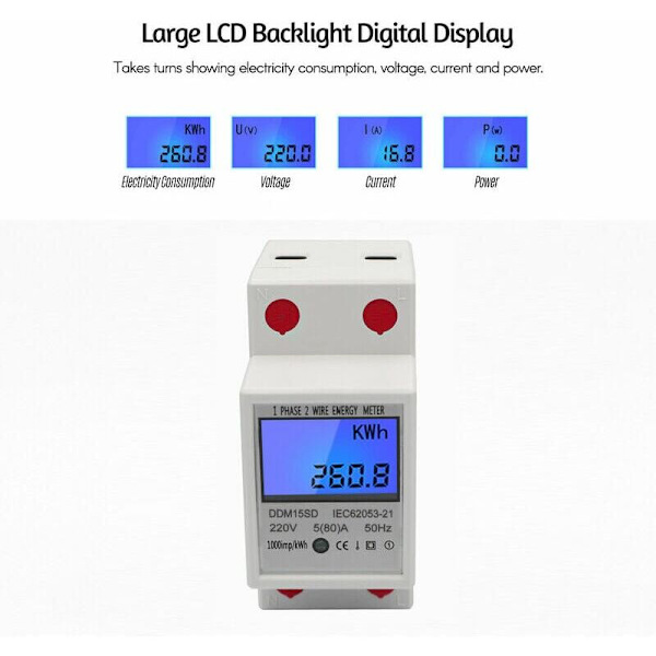 EDF Meter Enfasig DIN-skena Energimätare 5-80A 220V 50Hz Elektronisk KWh-mätare med LCD-bakgrundsbelyst digital display DDM15SD, Vit - Vit--