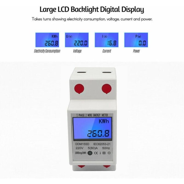EDF Meter Enfasig DIN-skinne Energimåler 5-80A 220V 50Hz Elektronisk KWh-måler med LCD-bakgrunnsbelyst digitalt display DDM15SD, Hvit - Hvit--