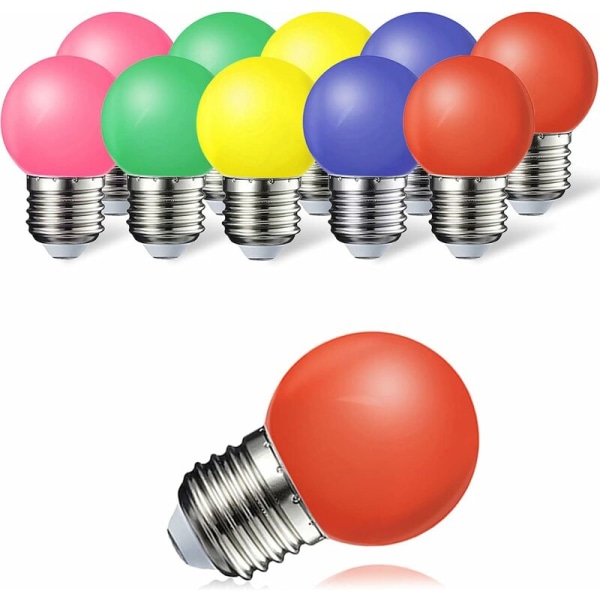 Paket med 10 E27 LED-färglampa 1W färgglad lampa 100LM Energisparande färglampa 360° vinkel, röd, gul, blå, grön och rosa [Energiklass A]