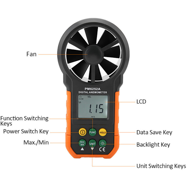 PEAKMETER PM6252A Ammattimainen Ilmavirran Mittaus Anemometri, Kannettava Digitaalinen Tuulennopeusmittari Akun Heikon Tason Ilmaisimella